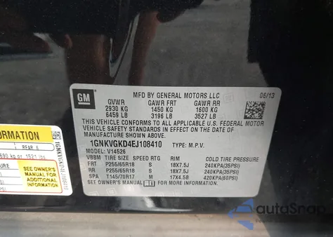 2014 Chevrolet Traverse 1Lt from USA, damaged, VIN 1GNKVGKD4EJ108410